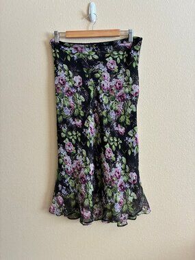 Vintage Allison Taylor Women's Black Purple Floral 100% Silk Flutter Skirt 8